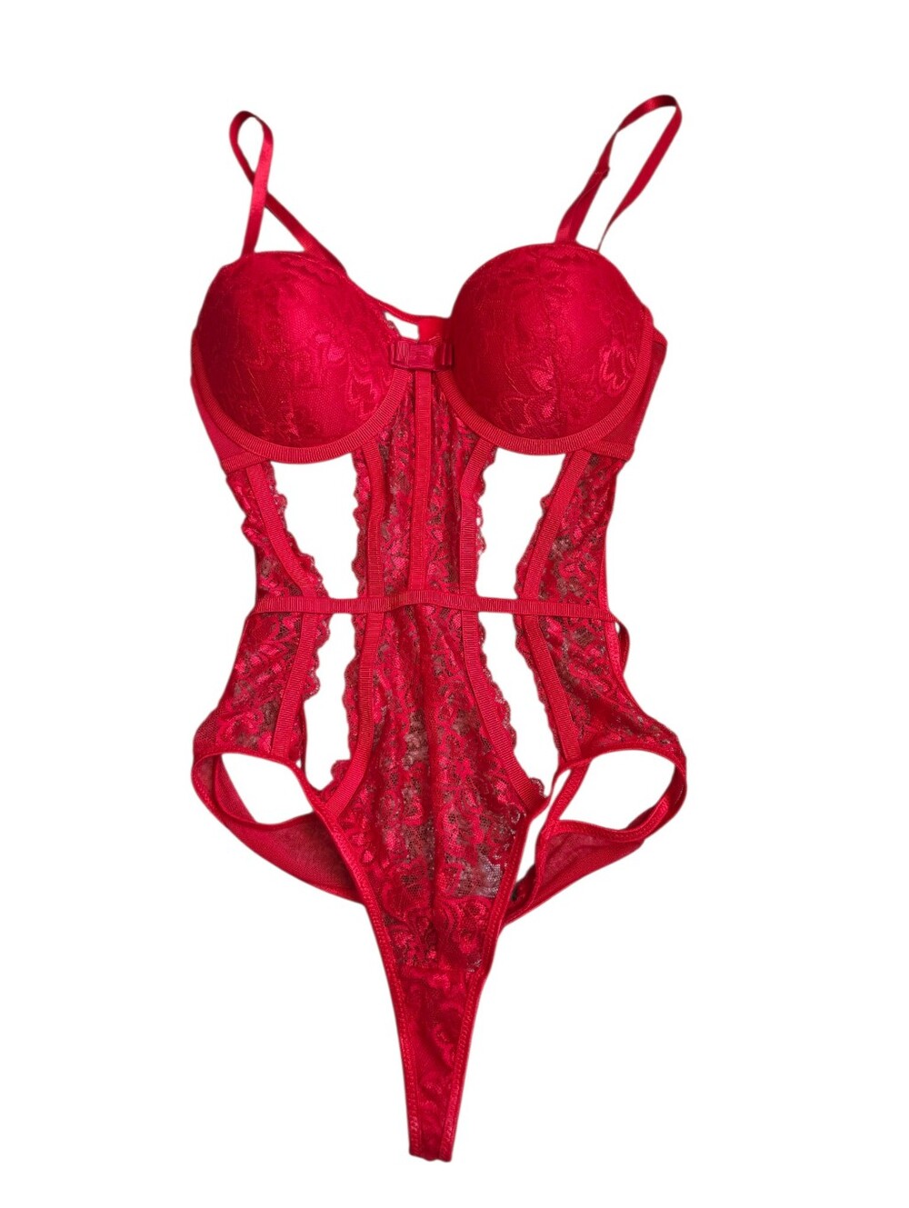 Body Rage Red Lace Cutout Push-Up Teddy Bodysuit - Size Large